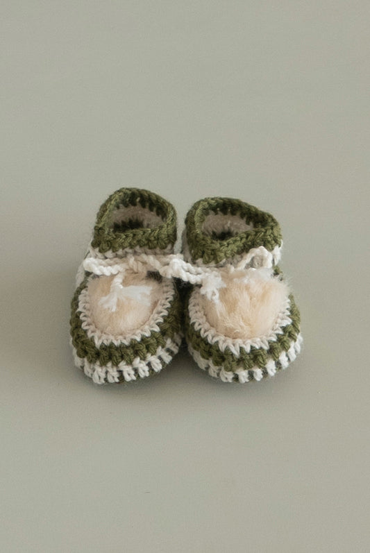 Olive green coloured fluffy sheepskin baby bootie